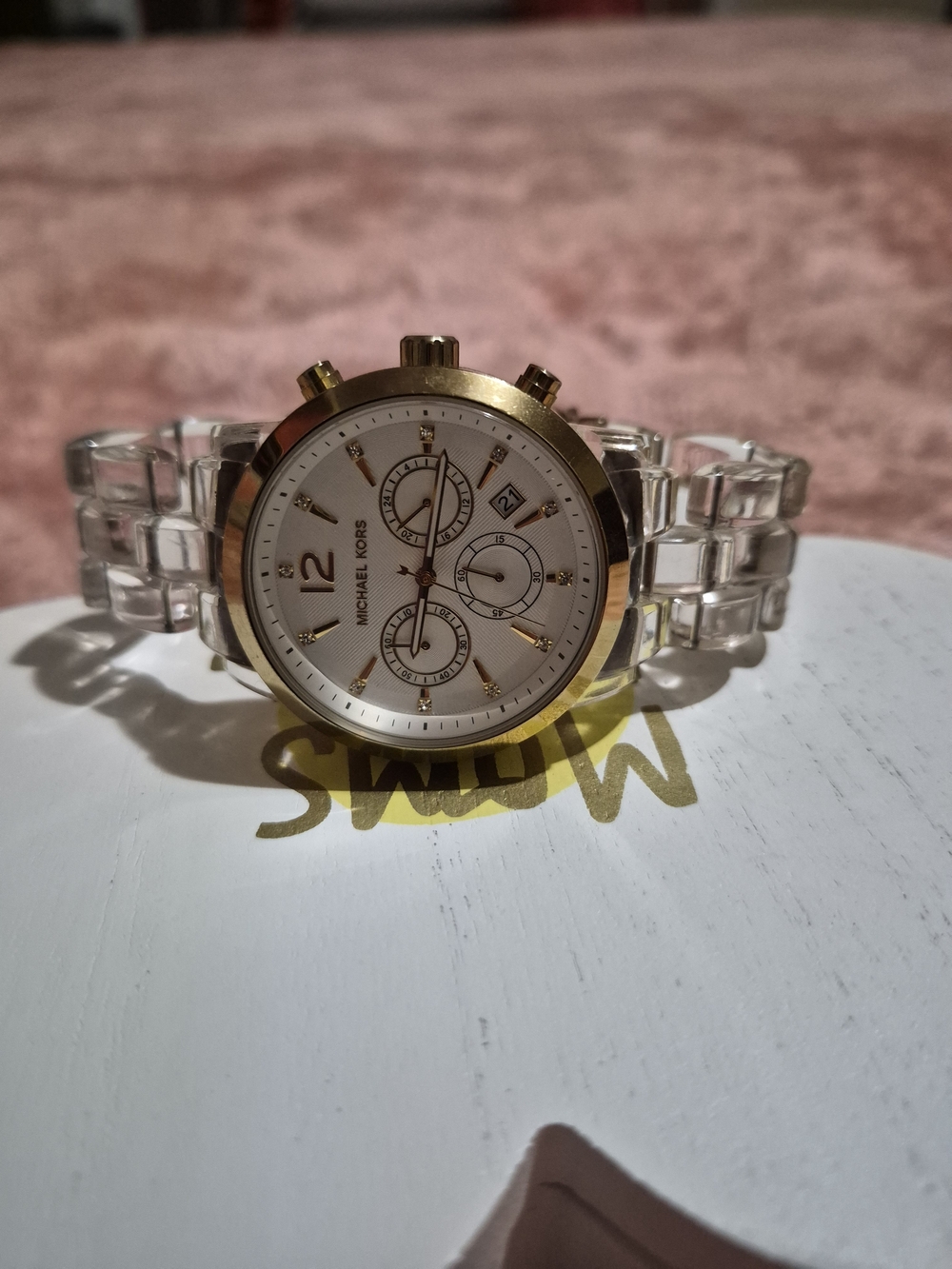 Michael Kors Clear Acrylic and Gold Tone Chronograph Watch - White Dial - Picture 6 of 10